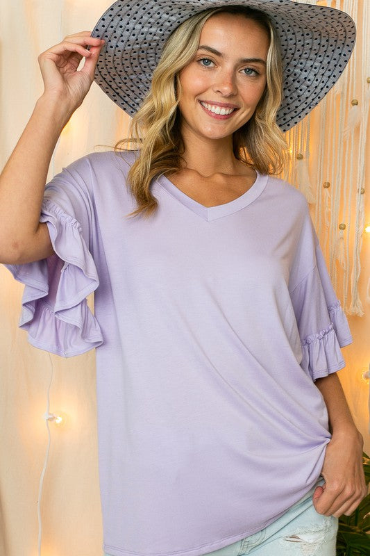 Plus Size Solid Pullover Boxy Ruffled Bell Short Sleeve Top