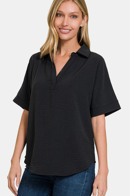 Zenana Women's Full Size Texture Collared Neck Short Sleeve Top Polyester Size S-3XL