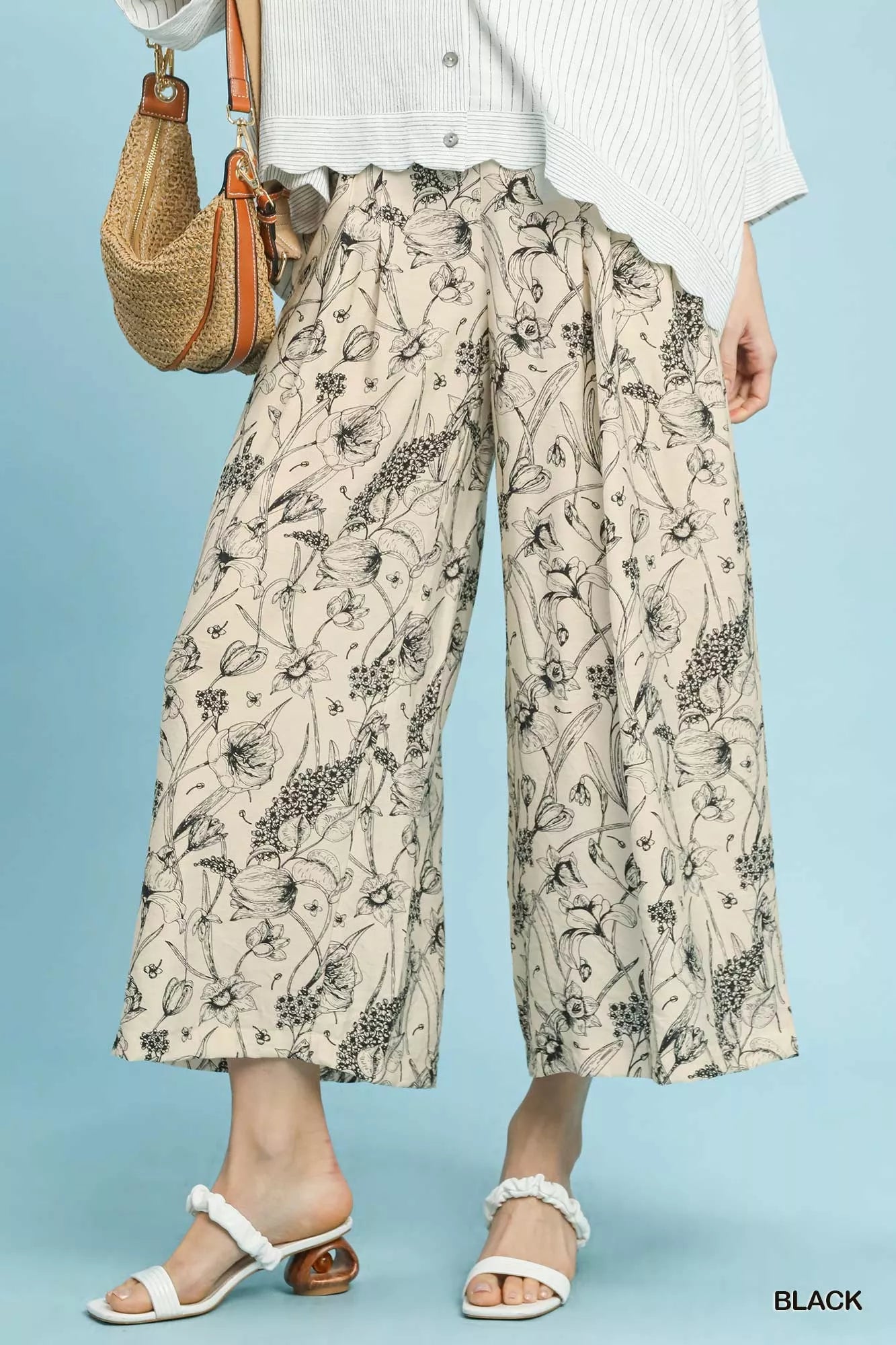 Blueberi Boutique Umgee two-tone floral print pants in black/white, styled with white top
