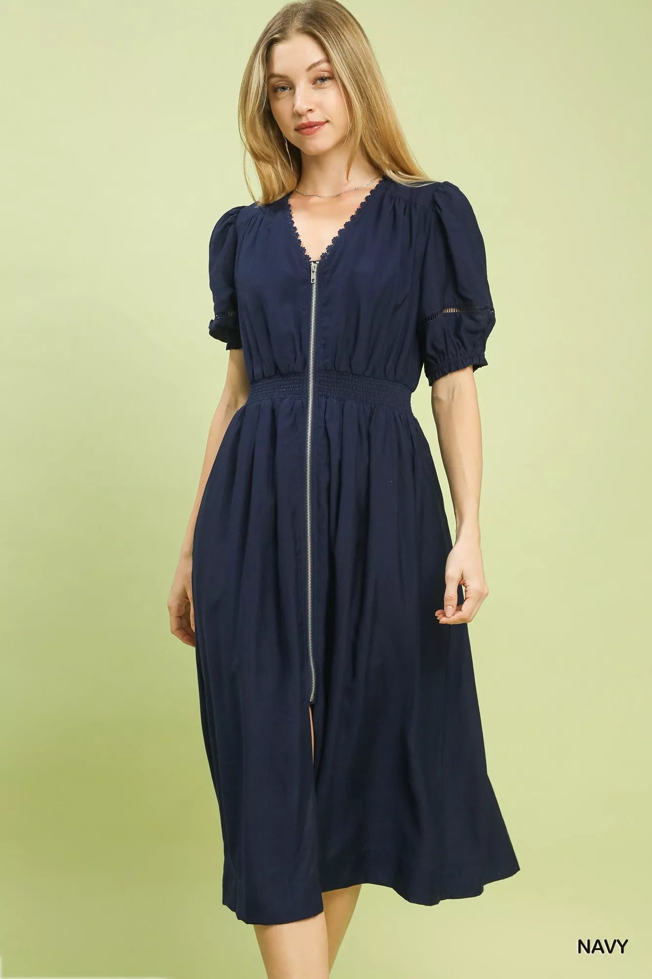 Blueberi Boutique navy zip-front midi dress with smocked waist