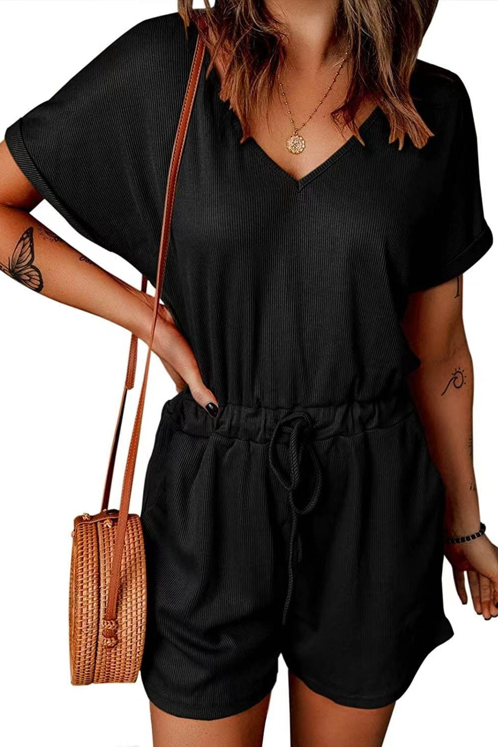 Blueberi B Women's Full Size Drawstring V-Neck Short Sleeve Romper Polyester Spandex Size S-3XL