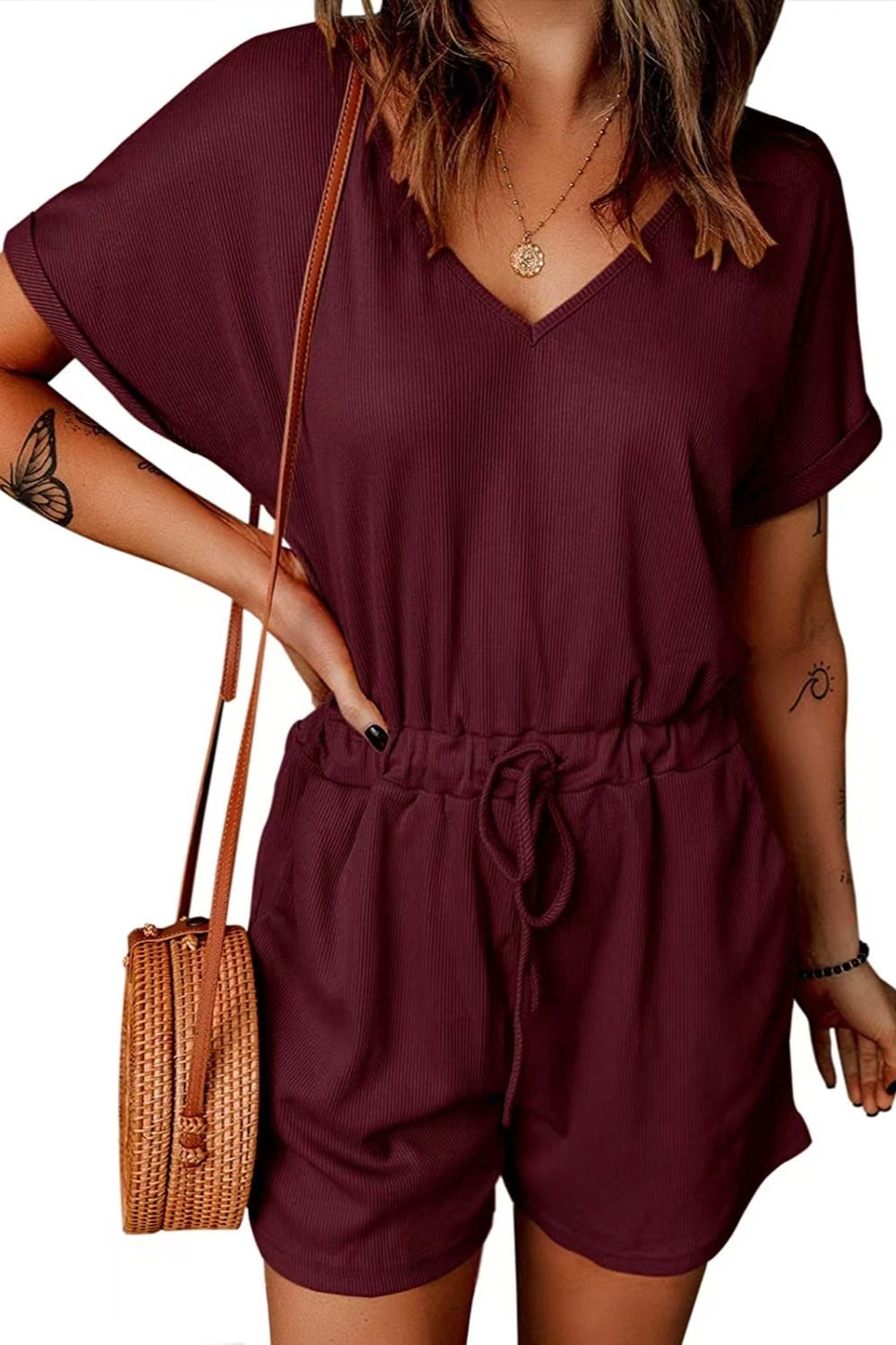 Blueberi B Women's Full Size Drawstring V-Neck Short Sleeve Romper Polyester Spandex Size S-3XL