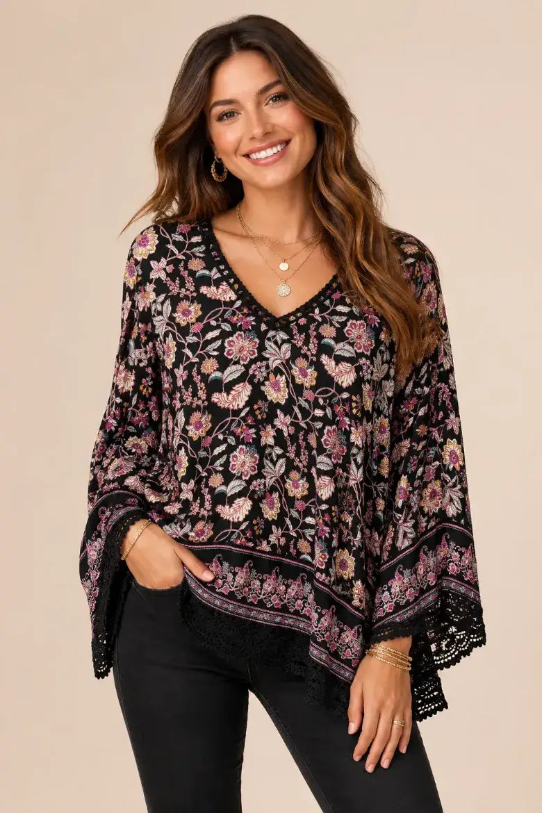 Pine Apparel Floral Crochet Trim 3/4 Sleeve Blouse | 100% Rayon Crinkle Challis | S-XL | Black