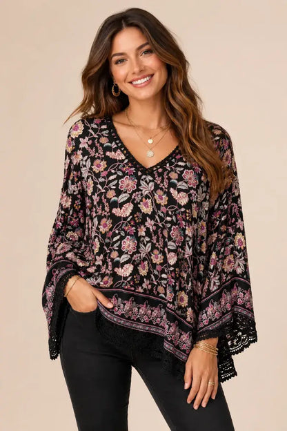 Pine Apparel Floral Crochet Trim 3/4 Sleeve Blouse | 100% Rayon Crinkle Challis | S-XL | Black