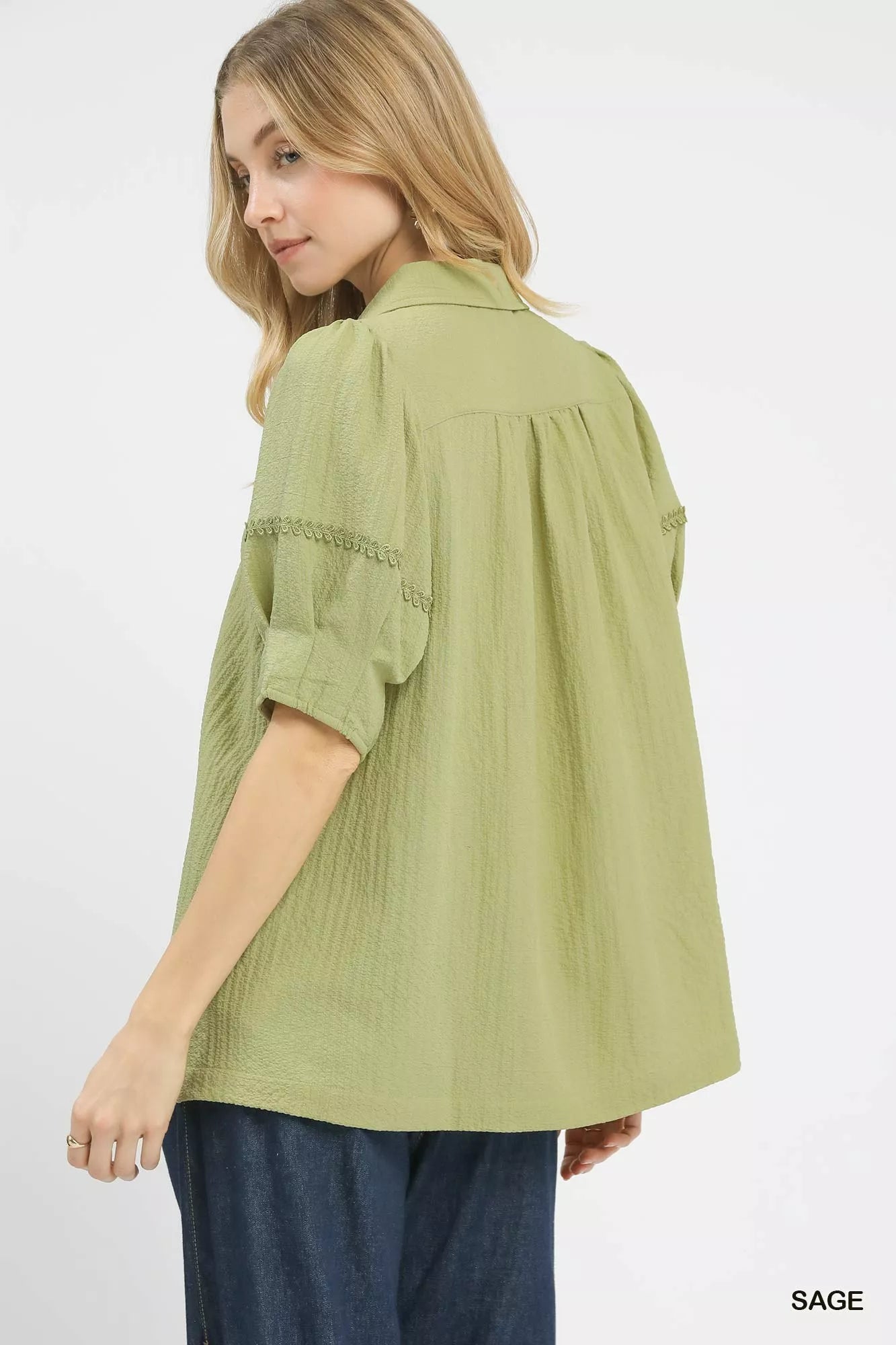 Blueberi Boutique sage puff sleeve top back view with decorative trim