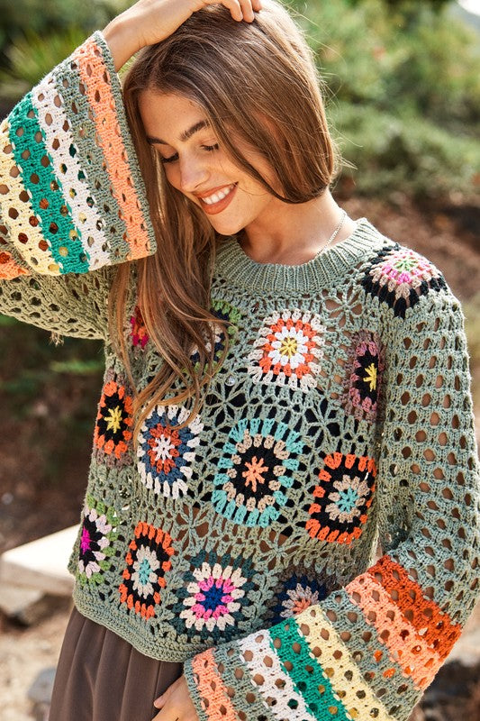 Floral Crochet Long Sleeve Striped Sleeve Cropped Knit Sweater