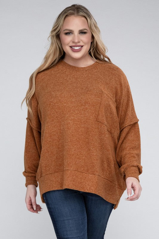 Zenana Plus Size Brushed Melange Drop Shoulder Sweater