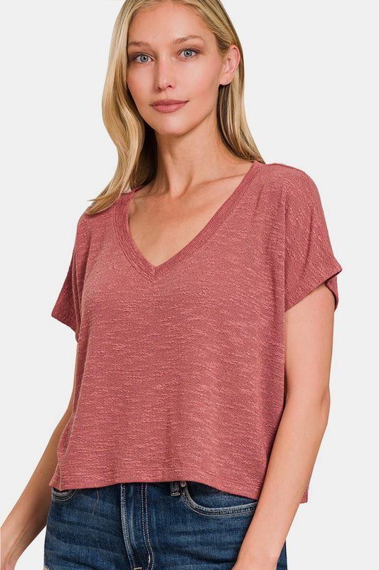 Zenana Women’s V-Neck Short Sleeve Crop T-Shirt Polyester Rayon Spandex Size S-XL