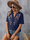 Blueberi B Women's Embroidered Notched Short Sleeve T-Shirt Polyester Elastane Size S-2XL