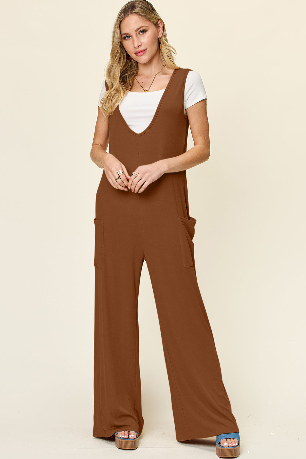 Double Take Women's  Full Size Sleeveless Wide Leg Jumpsuit with Pockets Polyester Spandex Size S-3XL