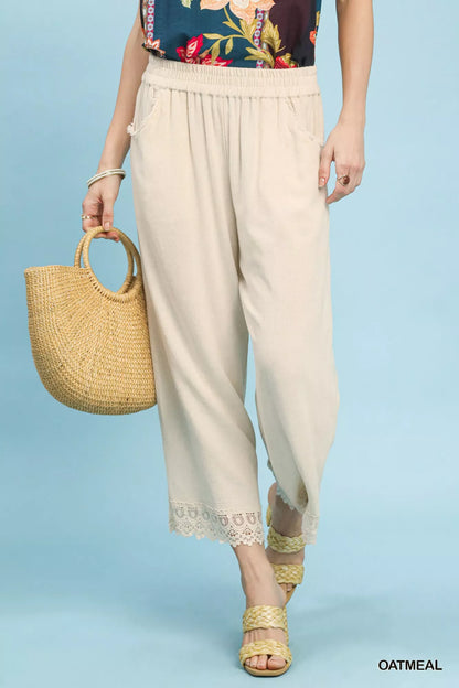 Umgee oatmeal linen wide leg cropped pants with lace trim, floral top, straw bag