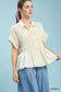 Blueberi Boutique Umgee oatmeal washed linen blend smocked shirt with ruffled sleeves, side view