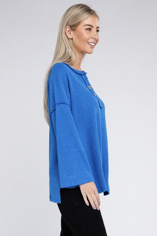 Zenana Clothing Long Sleeve Ribbed Brushed Melange Hacci Henley Sweater