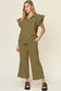Double Take Women’s Texture Ruffle Short Sleeve Top and Drawstring Wide Leg Pants Set Polyester Spandex Size S-3XL
