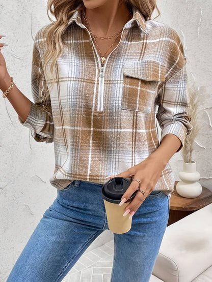 Blueberi B Women’s Plaid Collared Neck Half Zip Long Sleeve Top Polyester Size S-XL