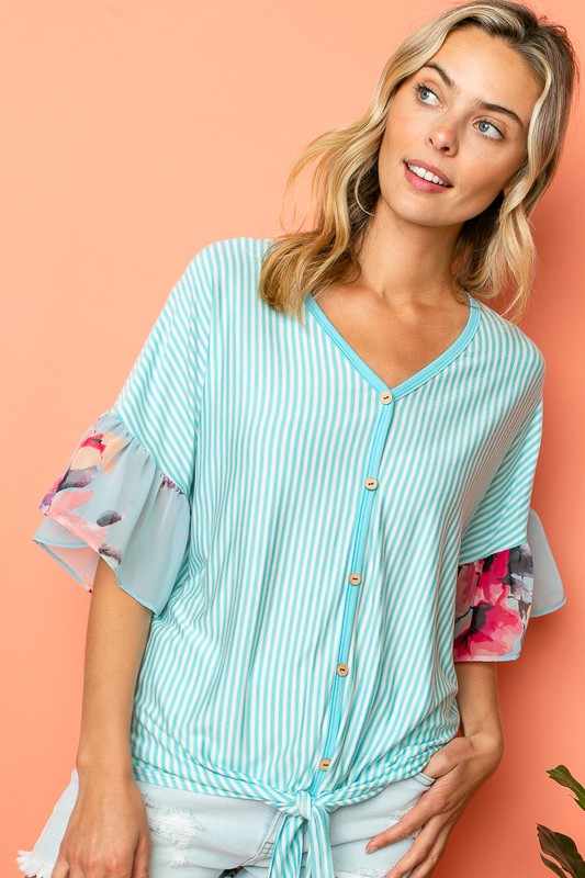 Stripe Short Sleeve Floral Mixed Ruffle Top