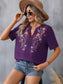 Blueberi B Women's Embroidered Notched Short Sleeve T-Shirt Polyester Elastane Size S-2XL