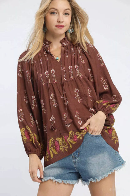 Umgee women's rosewood floral boho peasant blouse with long sleeves