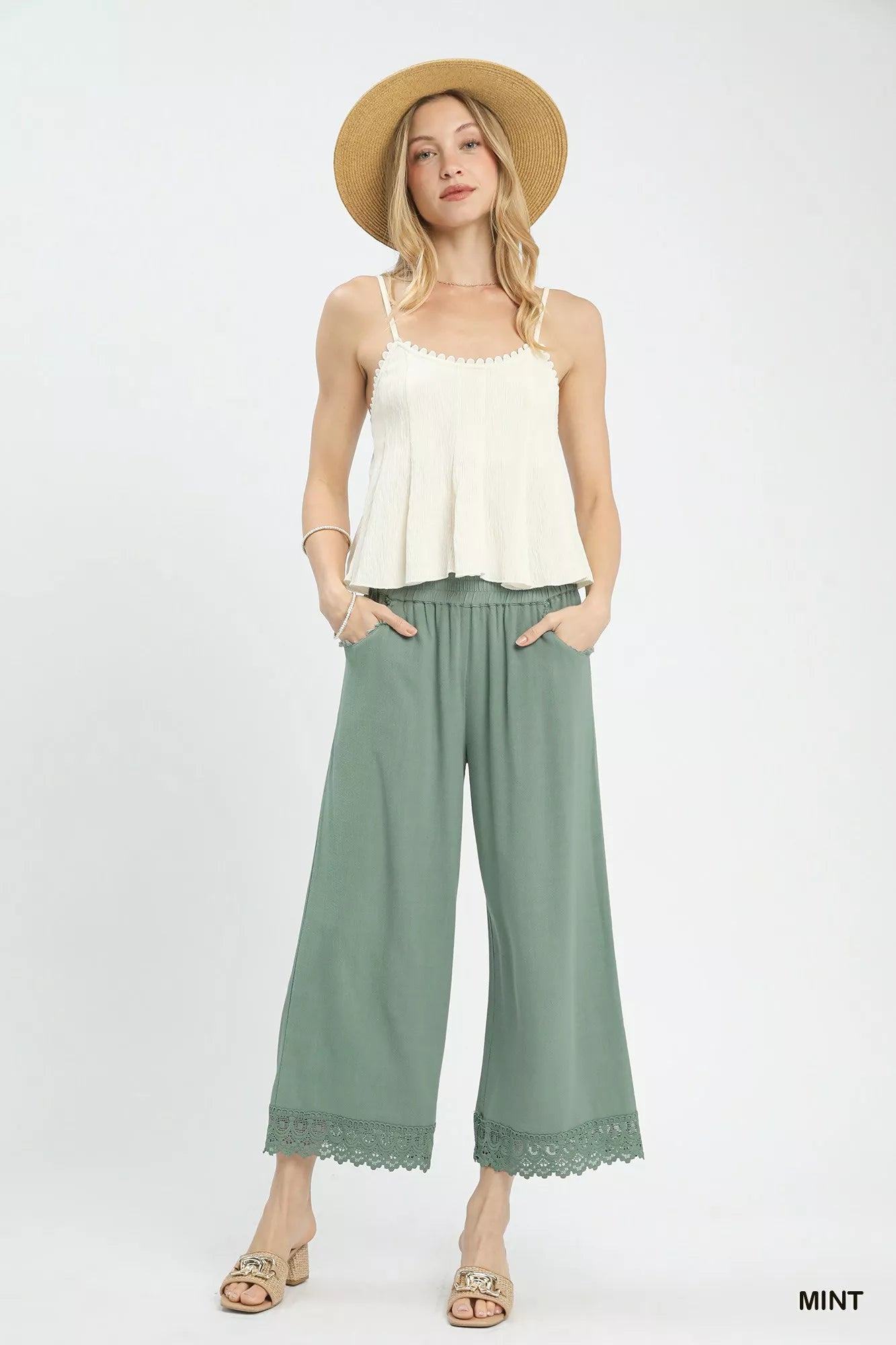 Blueberi Boutique: Mint linen wide-leg cropped pants with lace trim, full-body outfit