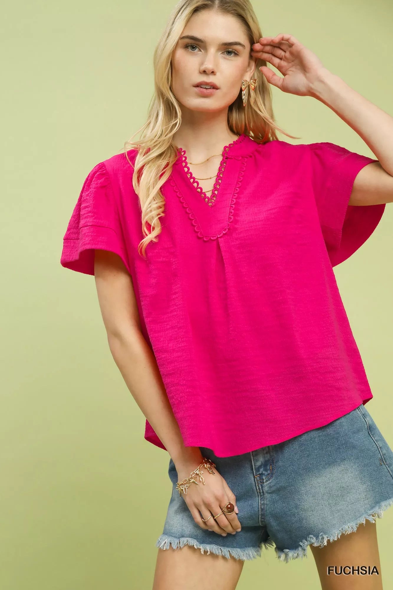 Fuchsia umgee seersucker short sleeve top with lace trim, 70% rayon 30% polyester, sizes S-L & denim shorts