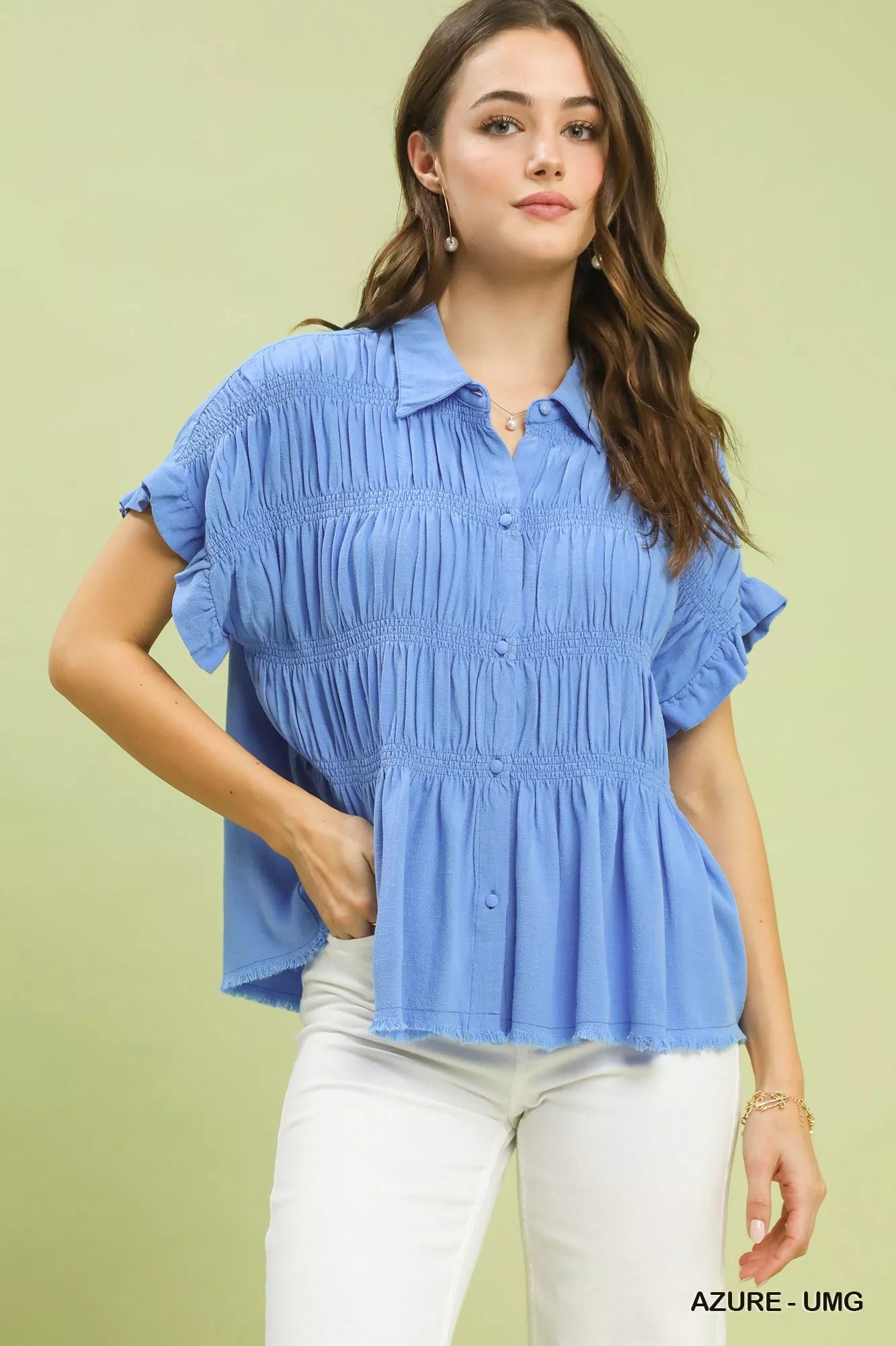 Umgee azure washed linen blend smocked shirt with ruffled sleeves; Blueberi Boutique trendy top