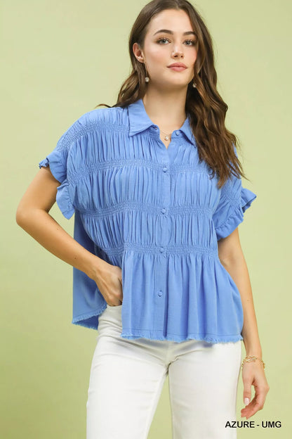Umgee azure washed linen blend smocked shirt with ruffled sleeves; Blueberi Boutique trendy top