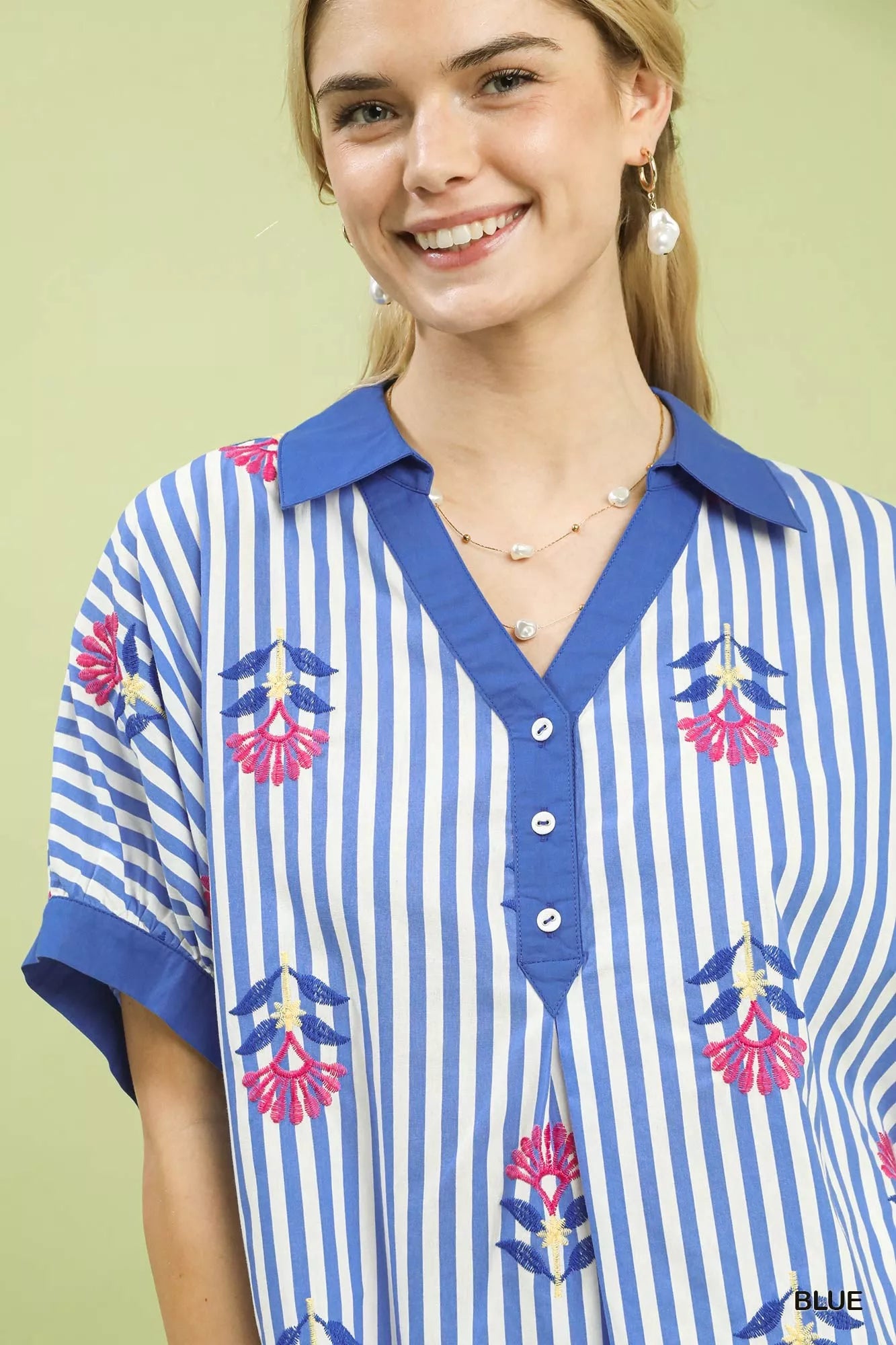 Umgee blue/white striped embroidered button-front boho blouse close-up with buttons