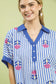 Umgee blue/white striped embroidered button-front boho blouse close-up with buttons