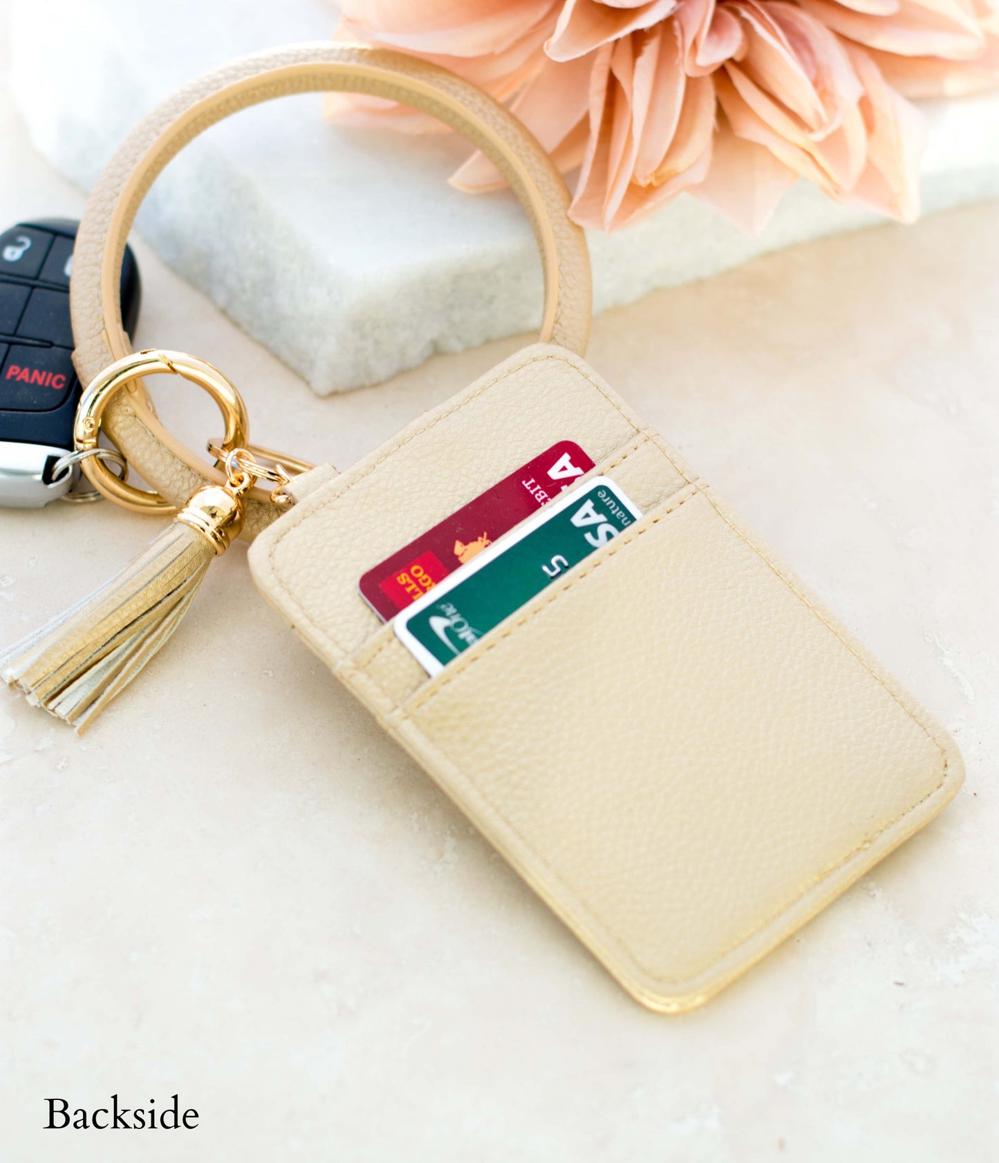 Gold Hardware Key Ring Wristlet Wallet Bracelet with Tassel & 5 Pockets | 4" x 3"