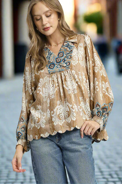Umgee women's taupe floral long sleeve boho blouse with scalloped hem