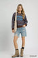 Umgee scenic print cropped sweatshirt with "APRÈS ALL DAY", distressed denim shorts & beige boots at Blueberi Boutique