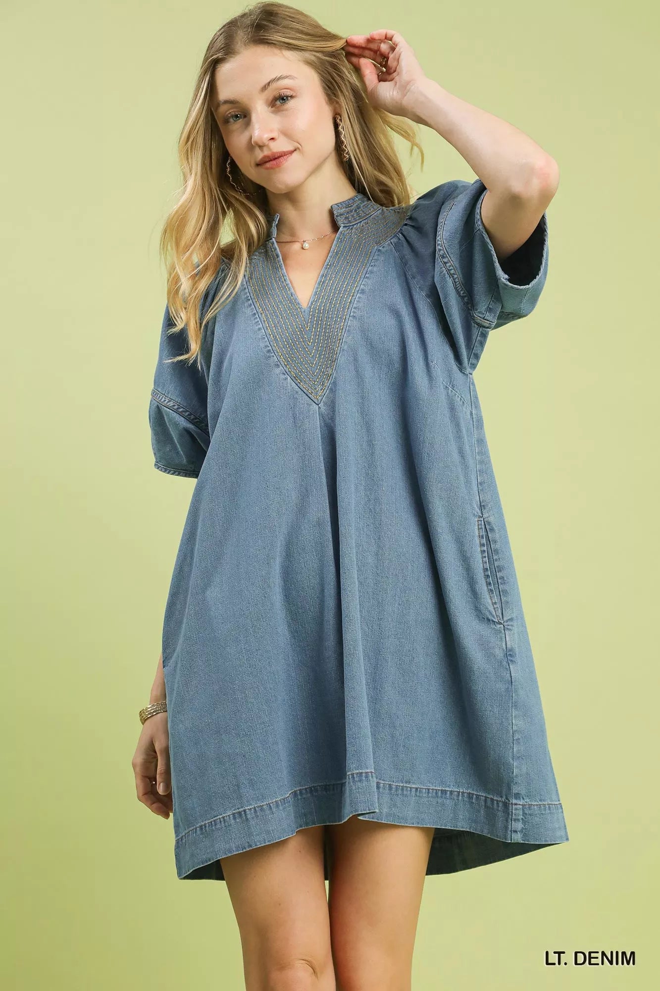 Umgee Denim Mini Dress with Contrast Thread LT. Denim / L
