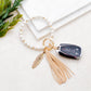 Genuine Stone Bead Suede Tassel Antique Gold Feather Charm Boho Key Ring Bracelet | 4"