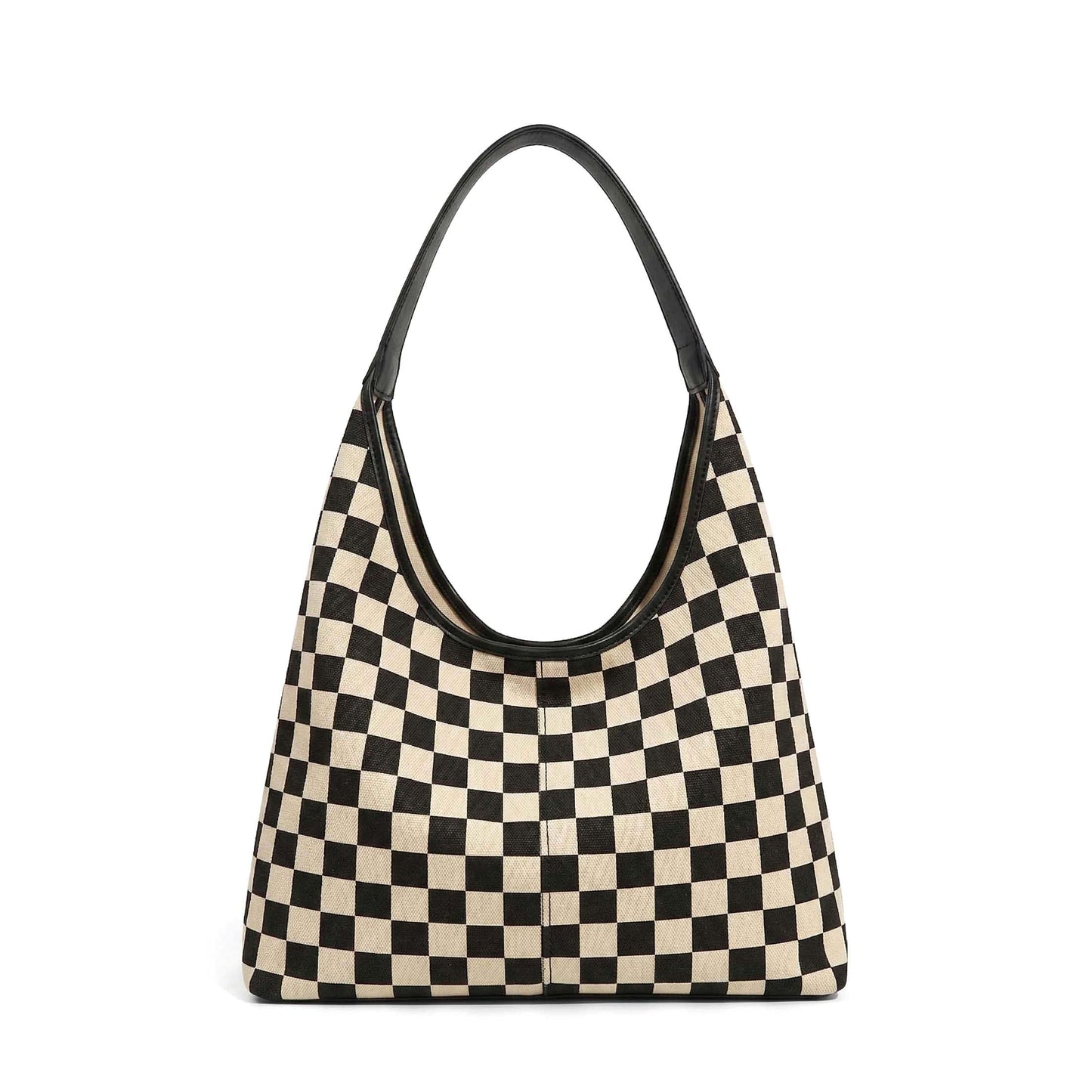 Celine Mixed Media Checkered Canvas & PU Leather Hobo Bag with Structured Bottom | Black Check, Cognac Check