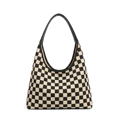 Celine Mixed Media Checkered Canvas & PU Leather Hobo Bag with Structured Bottom | Black Check, Cognac Check