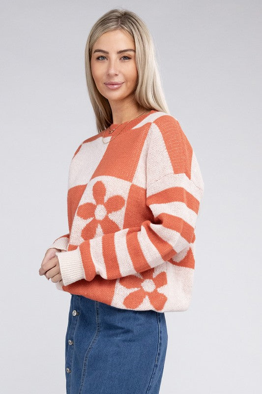 Floral Pattern Long Sleeve Drop Shoulder Sweater