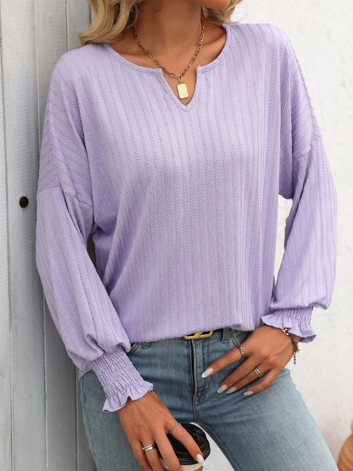 Blueberi B Women's Textured Notched Lantern Sleeve T-Shirt Polyester Spandex Size S-2XL