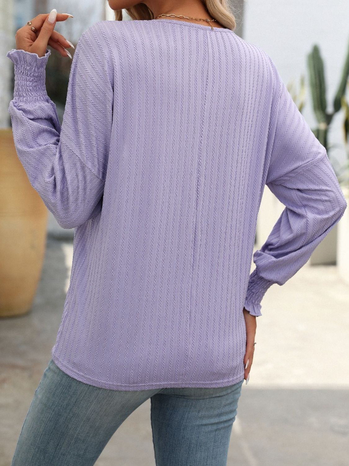 Blueberi B Women's Textured Notched Lantern Sleeve T-Shirt Polyester Spandex Size S-2XL