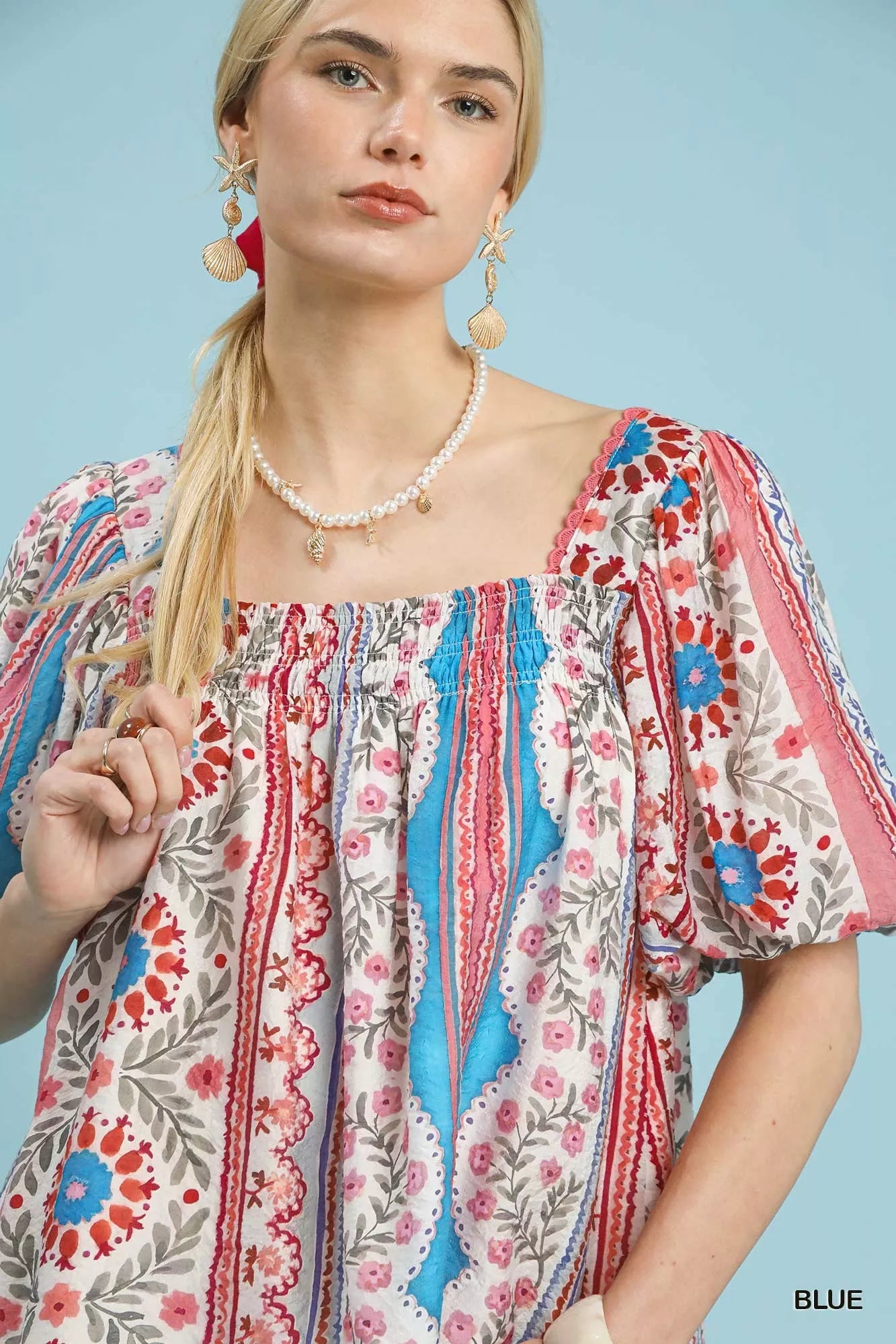 Colorful patchwork puff sleeve smocked blouse at Blueberi Boutique