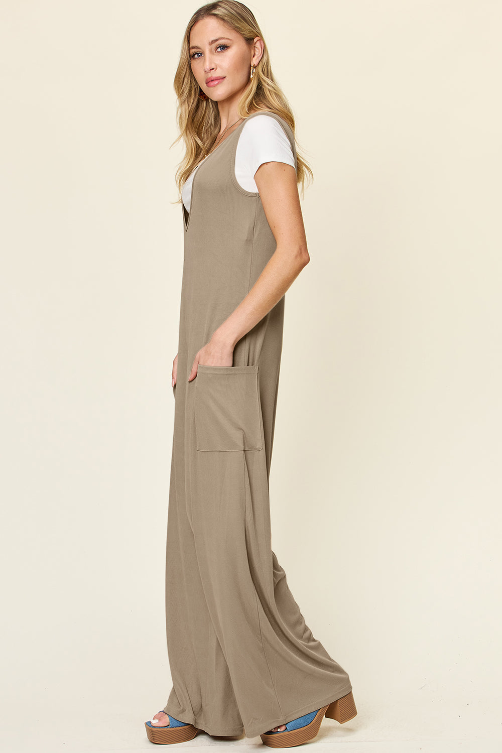 Double Take Women's  Full Size Sleeveless Wide Leg Jumpsuit with Pockets Polyester Spandex Size S-3XL