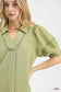 Blueberi Boutique sage puff sleeve top close-up with V-neck detail