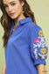 Blue seersucker embroidered sleeve blouse with floral embroidery, polyester sizes S-L