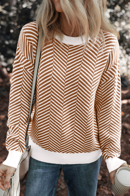Blueberi B Women’s Striped Round Neck Long Sleeve Sweater Viscose Polyester Polymide Size S-2XL