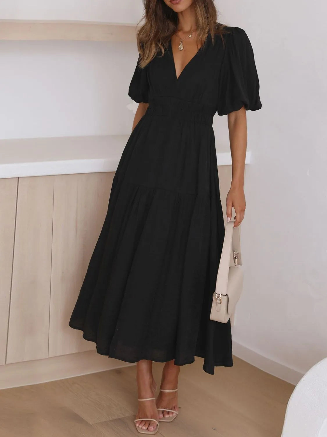 V-Neck Puff Sleeve Midi Dress Black / M