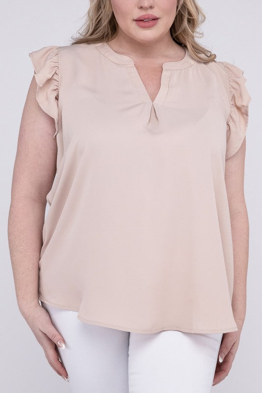 Zenana Clothing Plus Woven Wool Peach Ruffled Sleeve High-Low Top