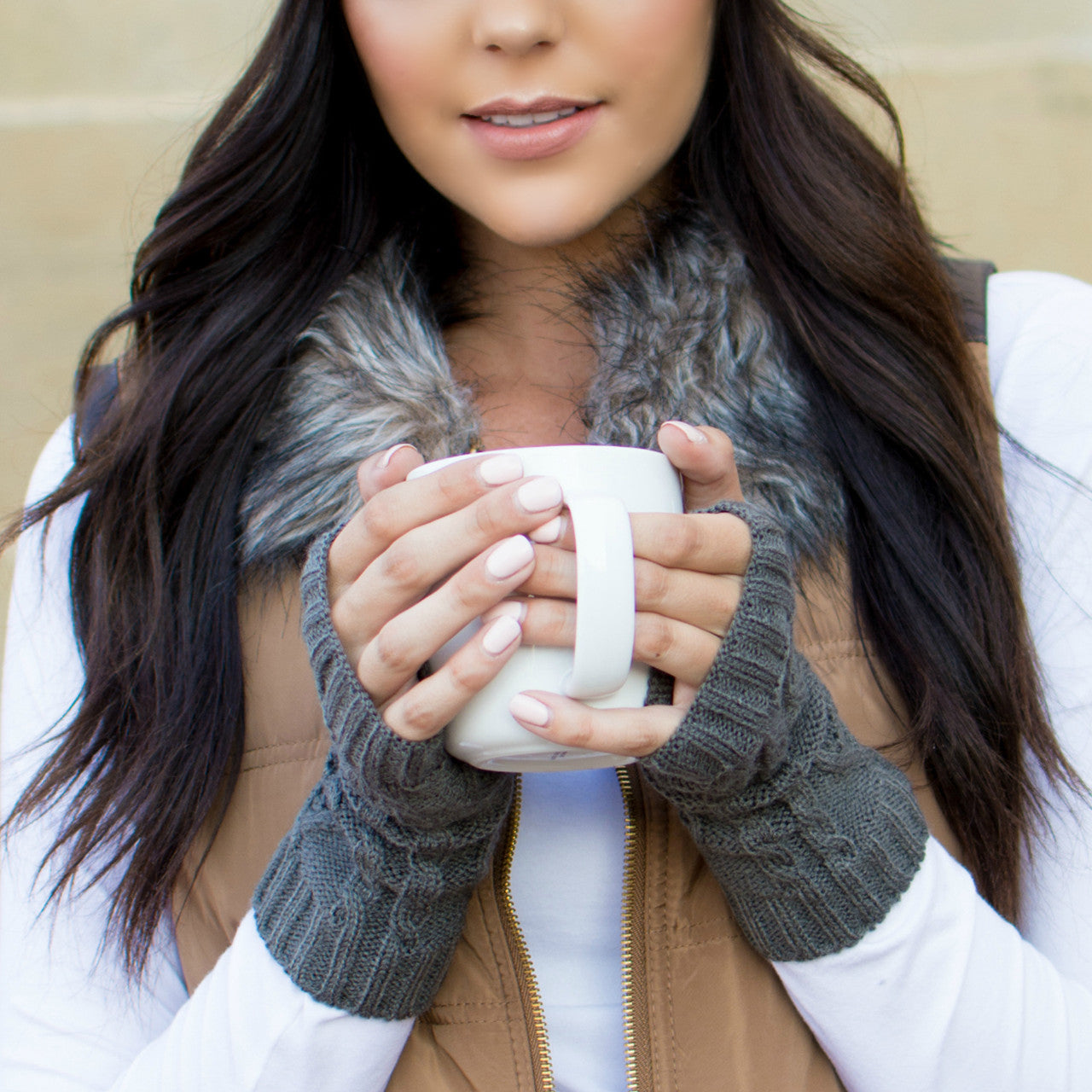 100% Soft Acrylic Diamond Cable Knit Fingerless Thumb Opening Hand Warmers | 7.5" | One Size