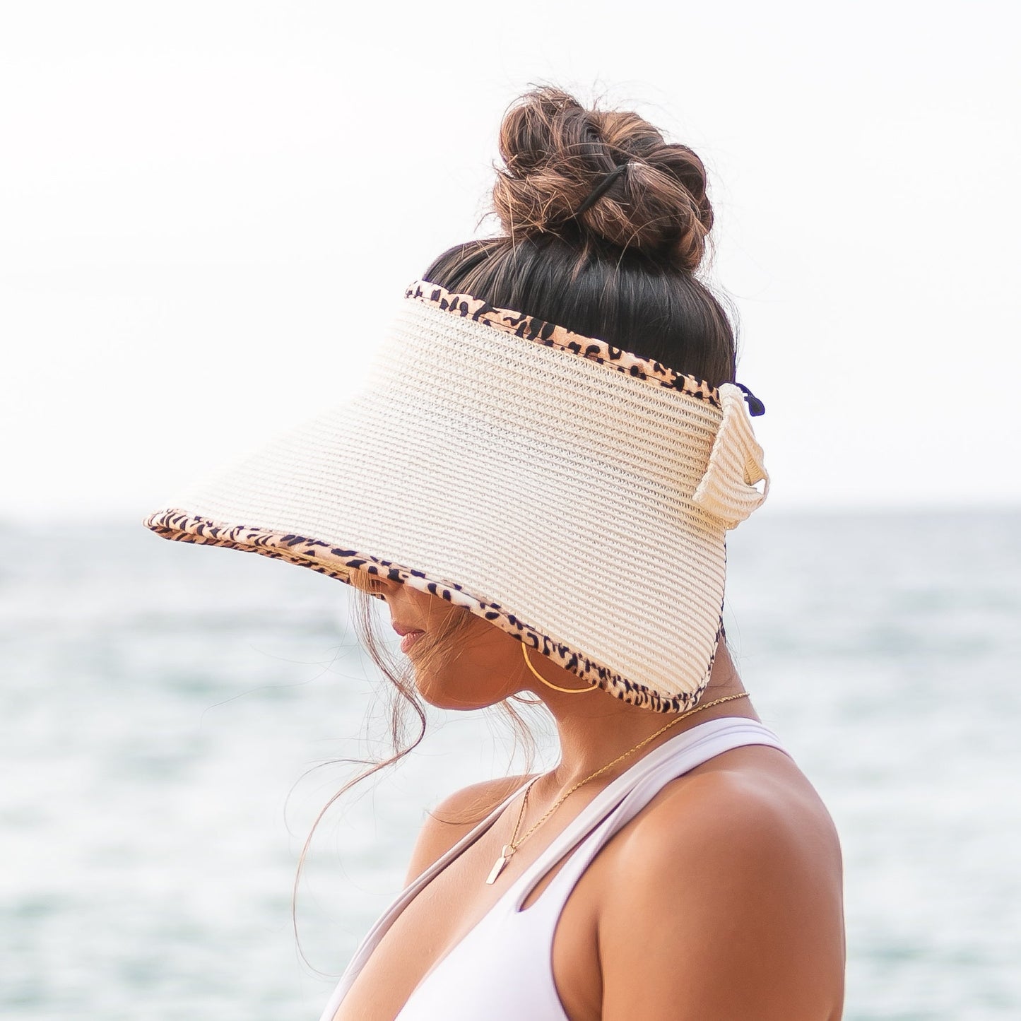 100% Breathable Straw Leopard Trim Foldable Wide Brim Bow Visor | One Size