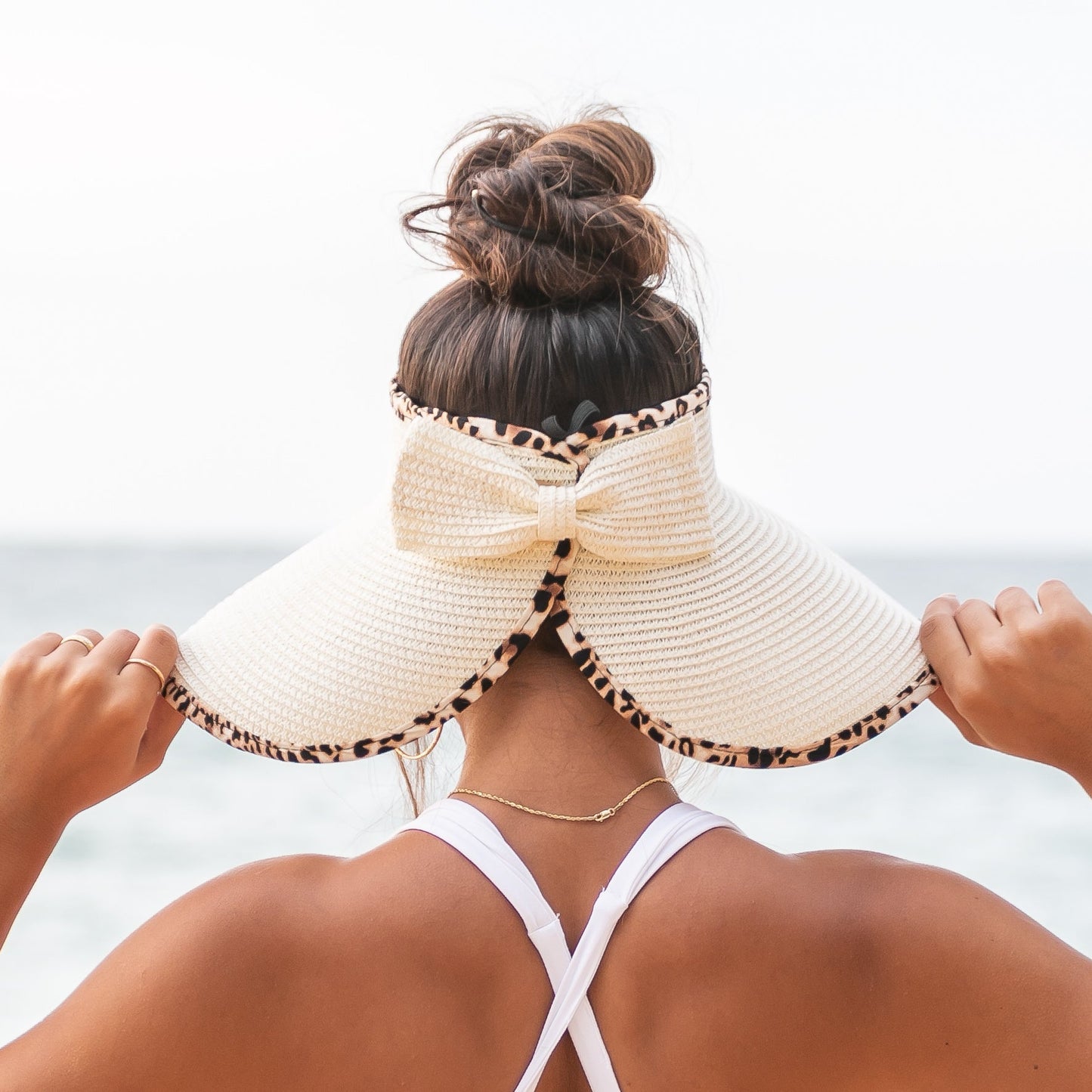 100% Breathable Straw Leopard Trim Foldable Wide Brim Bow Visor | One Size