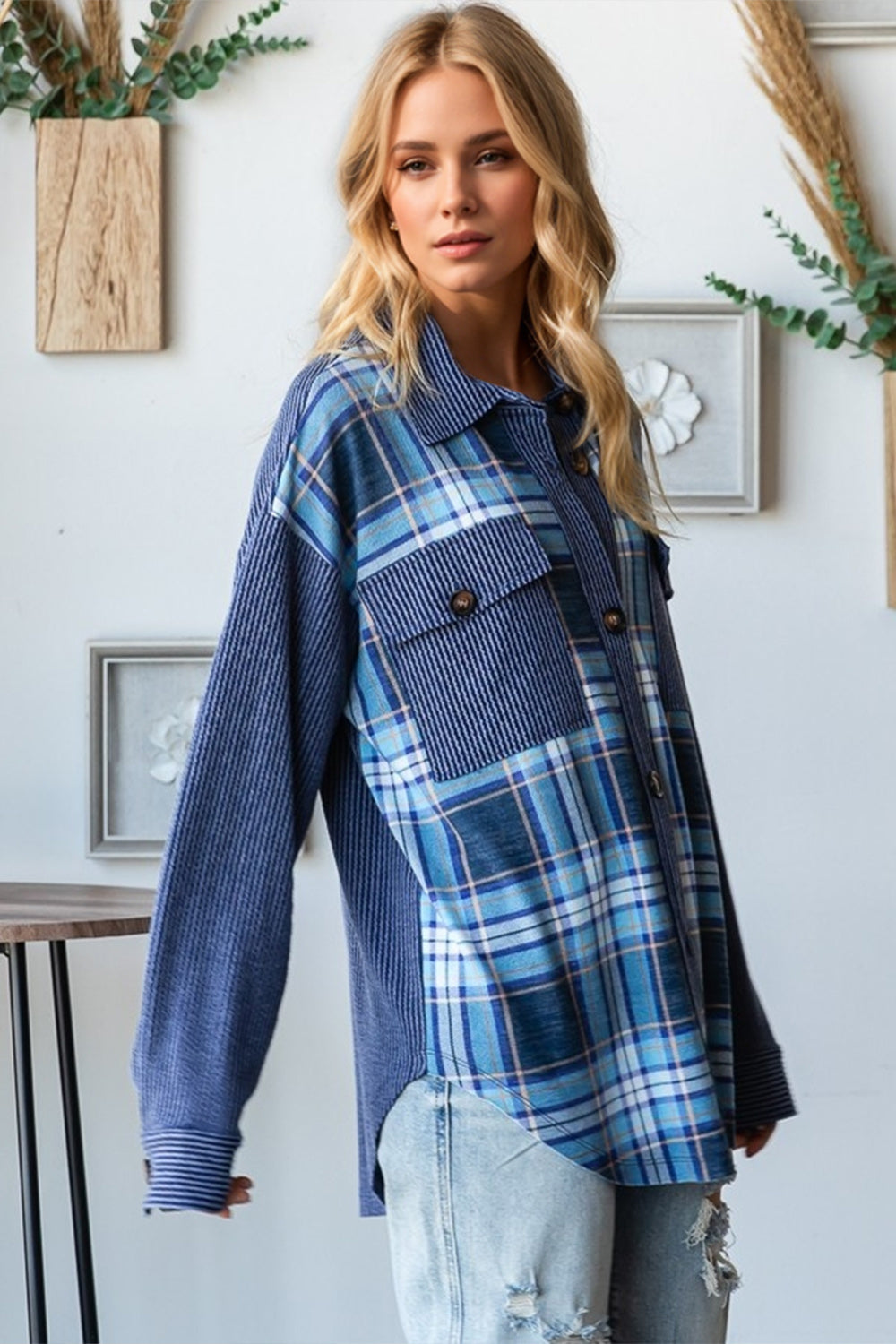 Blueberi B Women’s OH Plaid Button Up Long Sleeve Shacket with Breast Pockets Cotton Polyester Size S-2XL