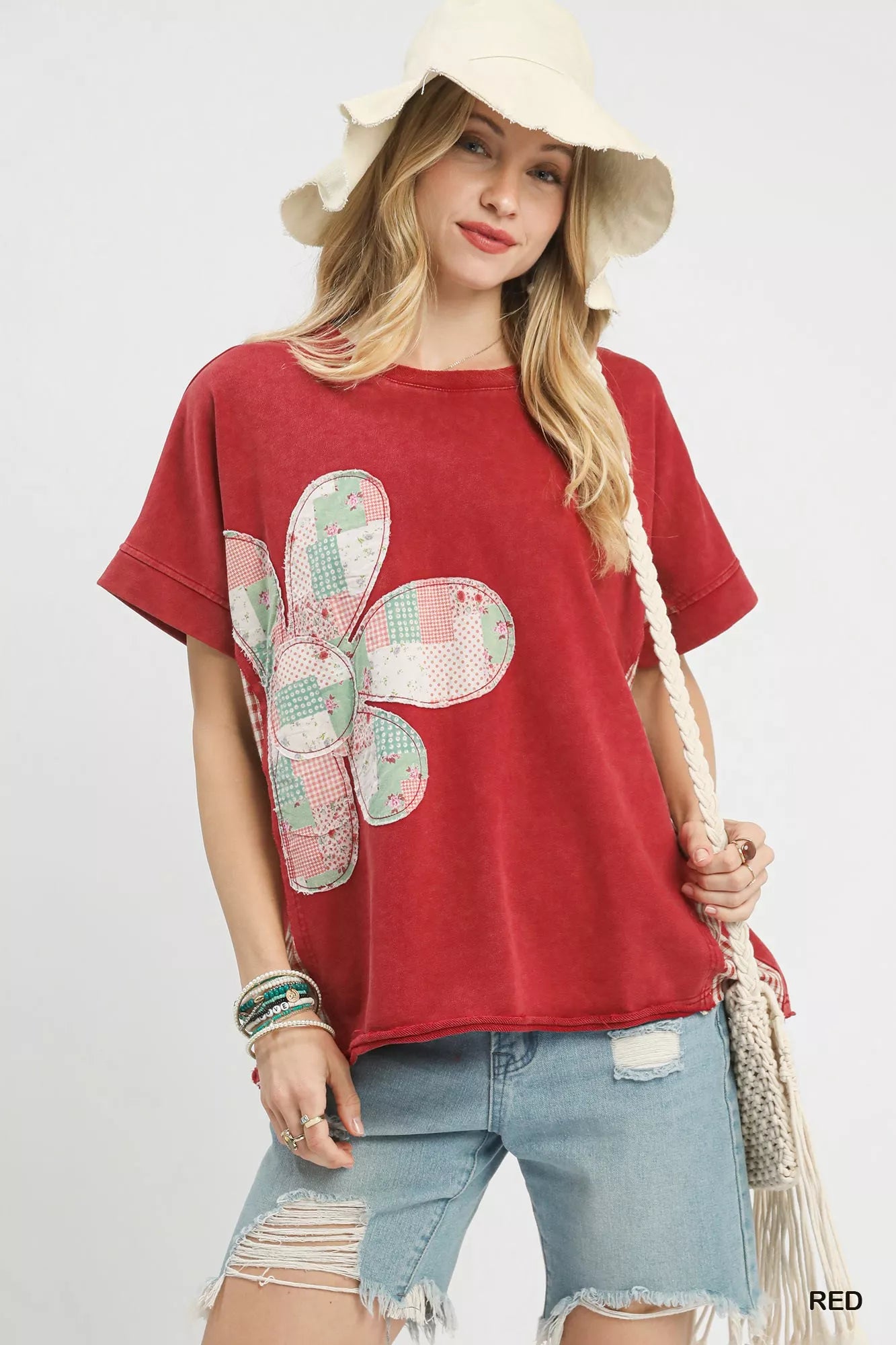 Umgee red mineral wash top with large patchwork flower, size L